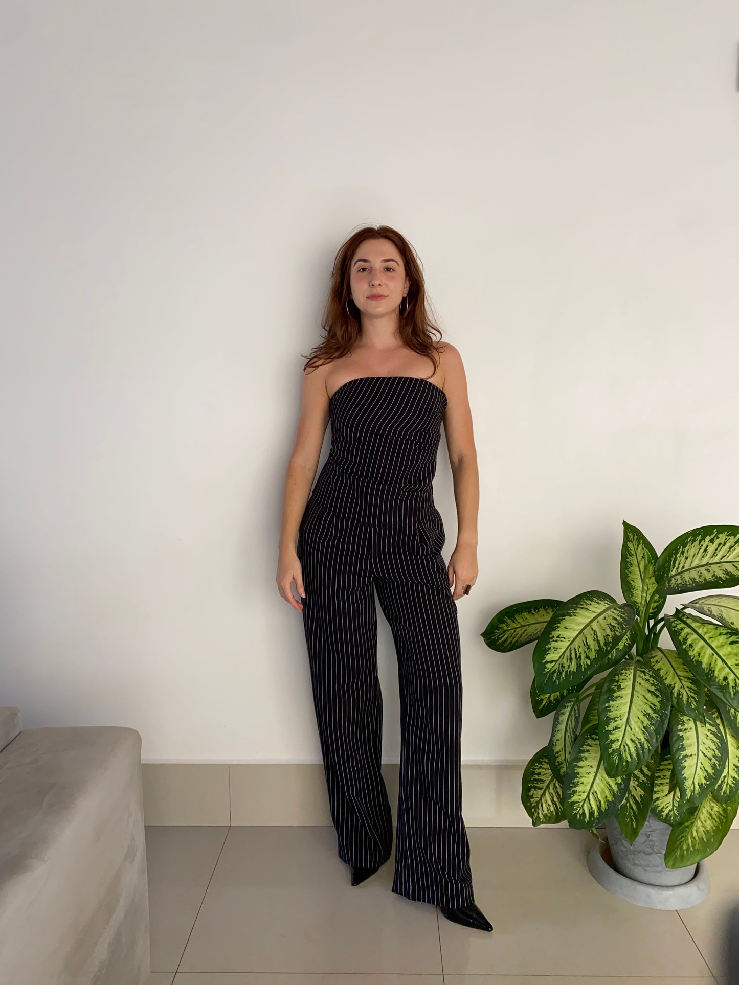 Calça pantalona risca-de-giz