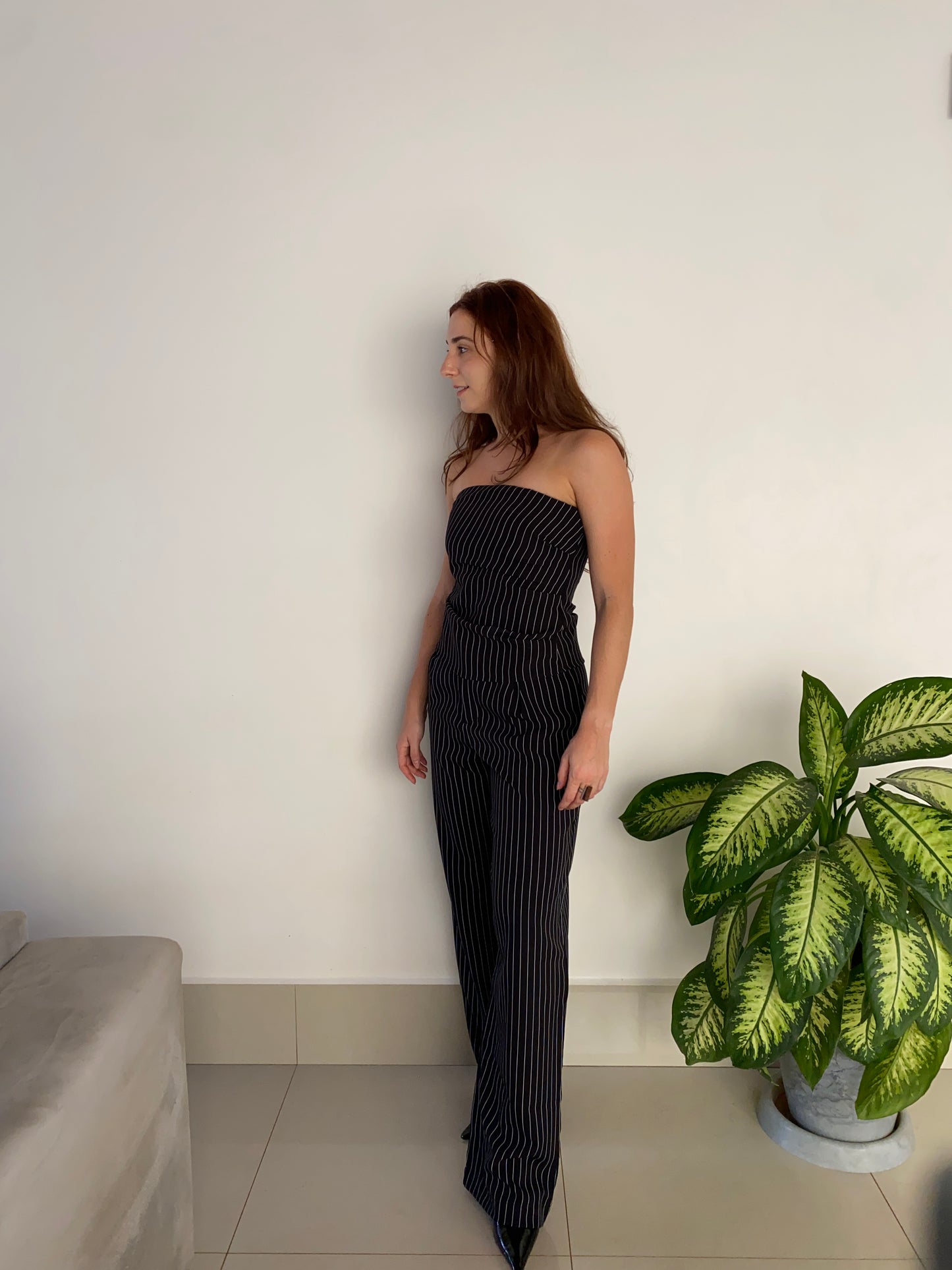 Calça pantalona risca-de-giz